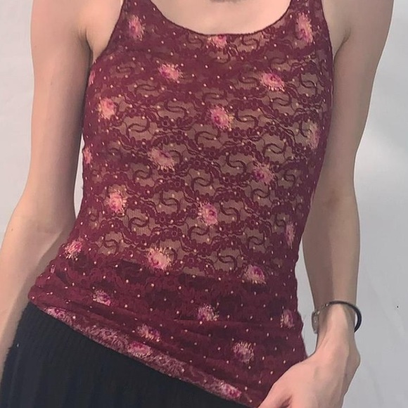 NEW!  Free People Semi-Sheer Stretch Lace Burgundy Tank W/ Ditzy Floral - Picture 1 of 8